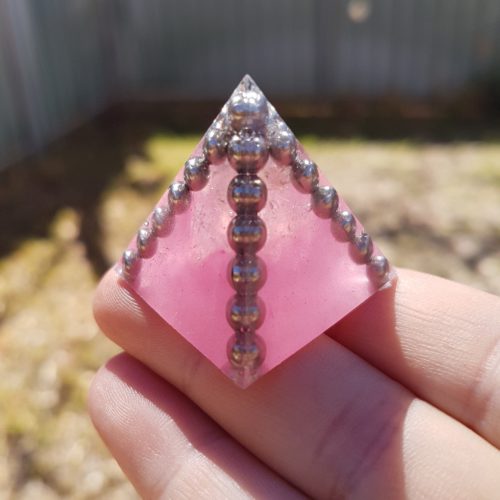 Pink Quartz Kyanite and Steel Orgoneit Pyramid