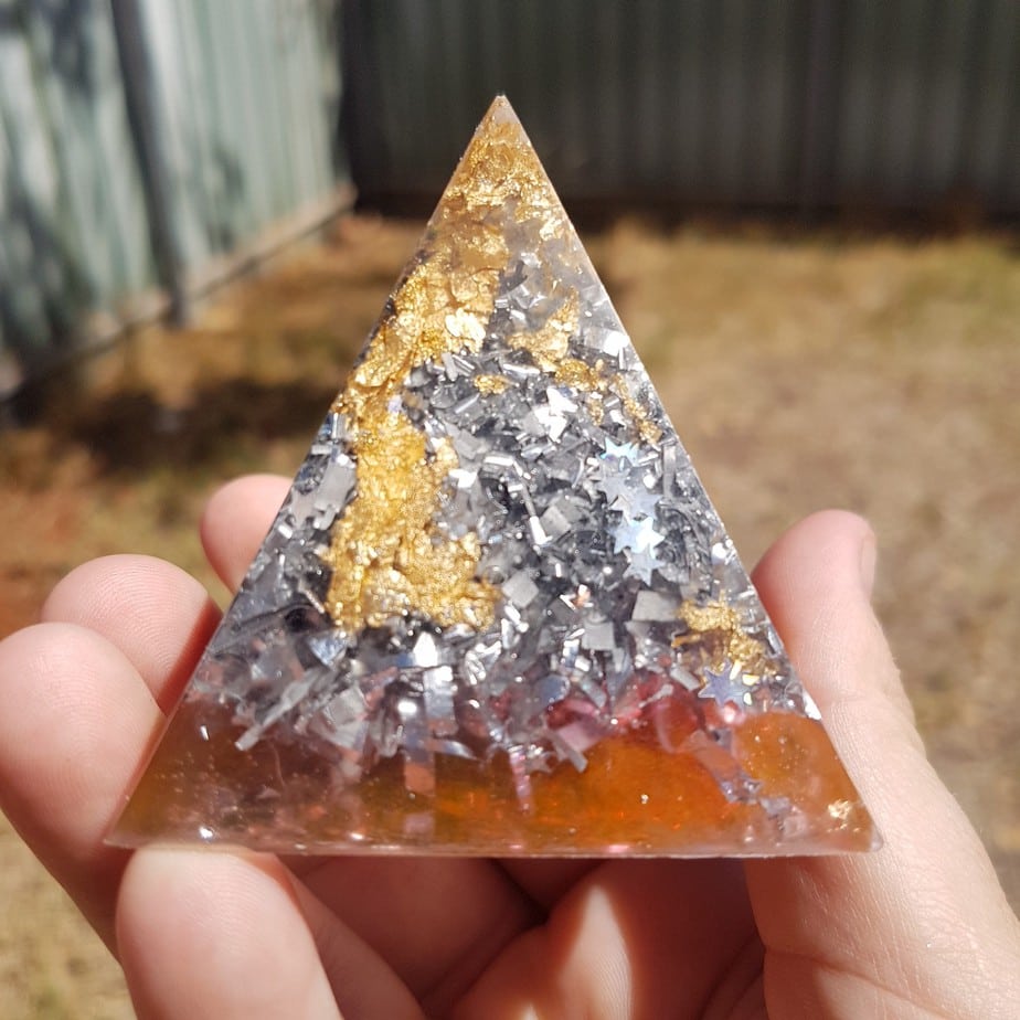 Silver Shadow Quartz and Gold Orgoneit Pyramid 6cm 1