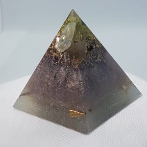 Peaceful Warrior Orgone Orgonite Pyramid 5cm - Heart of beating of Quartz and Aquamarine in Brass, Paua (NZ abalone) herkimer diamonds for strength!