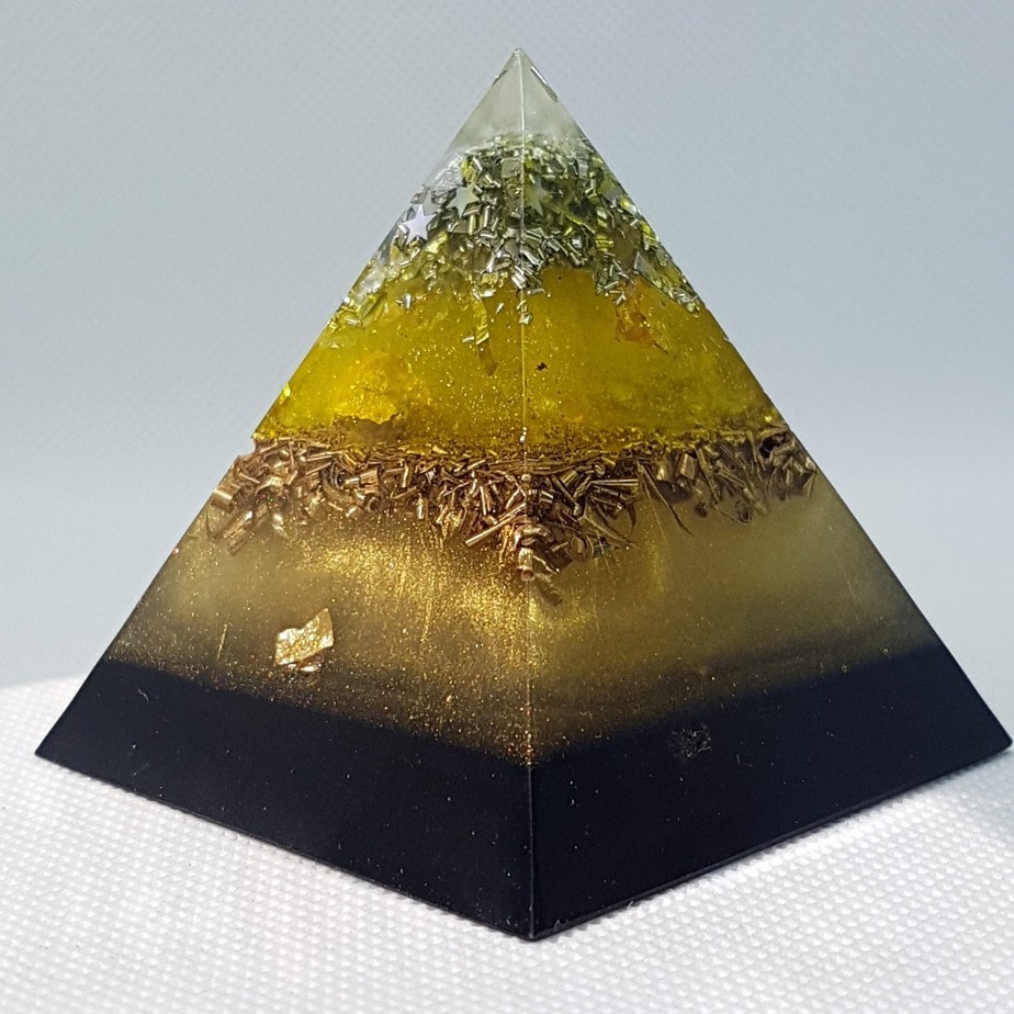 Golden Ore Orgone Orgonite Pyramid 6cm - With Golden hues wrapped Quartz Point, Herkimer Diamonds, Silver, and 24 Carat gold, brass and SHUNGITE to protect and project!