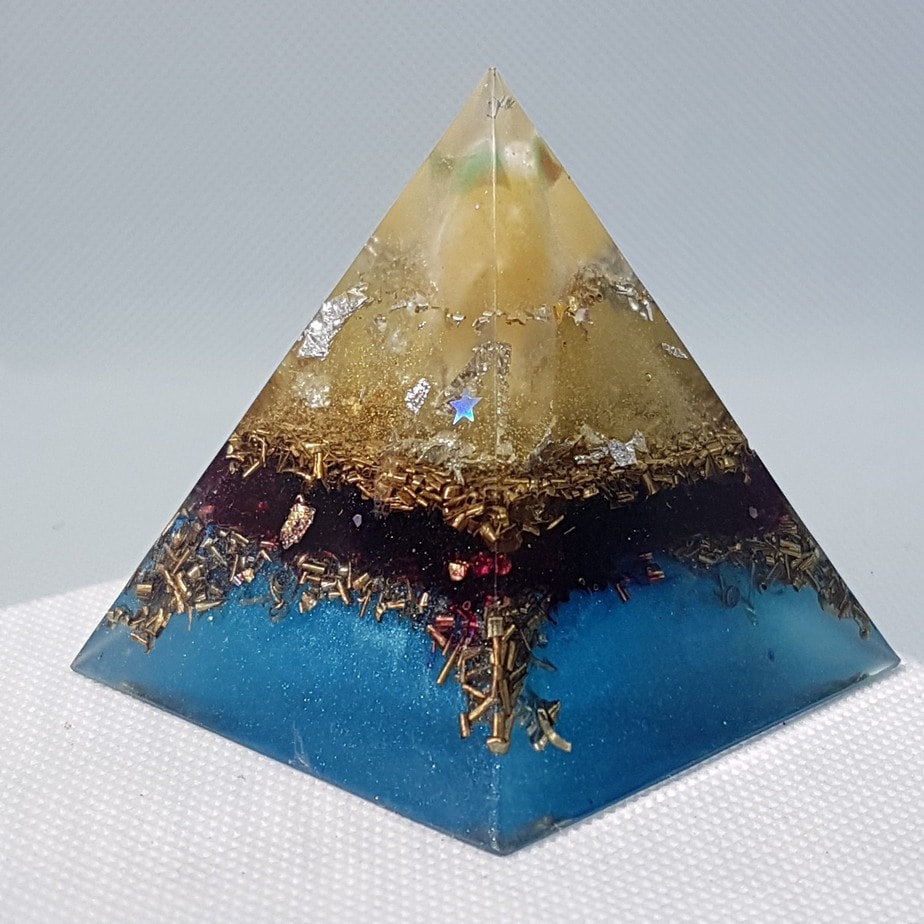 Moroccan Veils Orgone Orgonite Pyramid 6cm - With a heart of Silver wrapped Citrine, Herkimer Diamonds, Silver, Brassto take your mind away to a foreign land