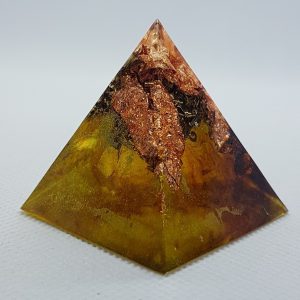 Rusted Mind Orgone Orgonite Pyramid 4cm - Strong Copper presence , large quartz chuck deep within wrapped in more copper, 24 carat gold, a heart of Herkimer Diamond