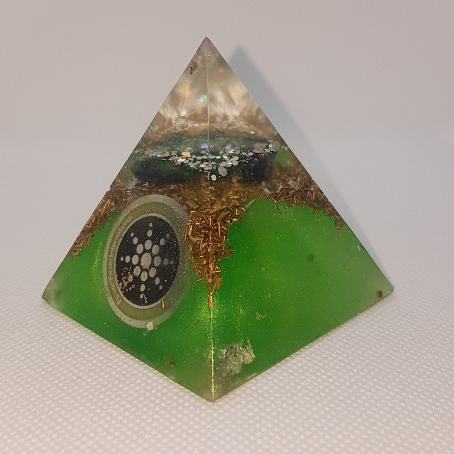 Two Worlds Collide Orgone Orgonite Pyramid 6cm - Quartz Point combined with Herkimer Diamonds, Chrysocolla with Malachite and Brass
