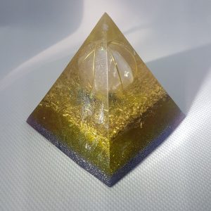 Dawn of Creation Orgone Orgonite Pyramid 6cm - A Large Rose Quartz Sphere wrapped in Brass, with , Herkimer Diamonds, More Brass for that loving warmth only Rose Quartz can bring
