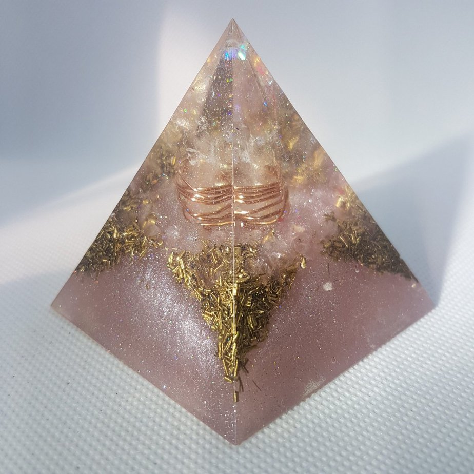 Persephone Orgone Orgonite Pyramid 6cm - Clear Quartz Point wrapped in Copper, on a bed of Rose Quartz and Brass for love, protection and happiness