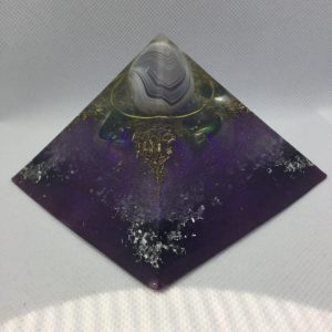 A Dream within a Dream Orgonite Power Giza Pyramid 9.5cm - Magical Banded Purple Agate, Crowned on top of four Titanium Aura Quartz, Brasss Tensor Ring, Rose Quartz and Herkimer Diamond to complete!