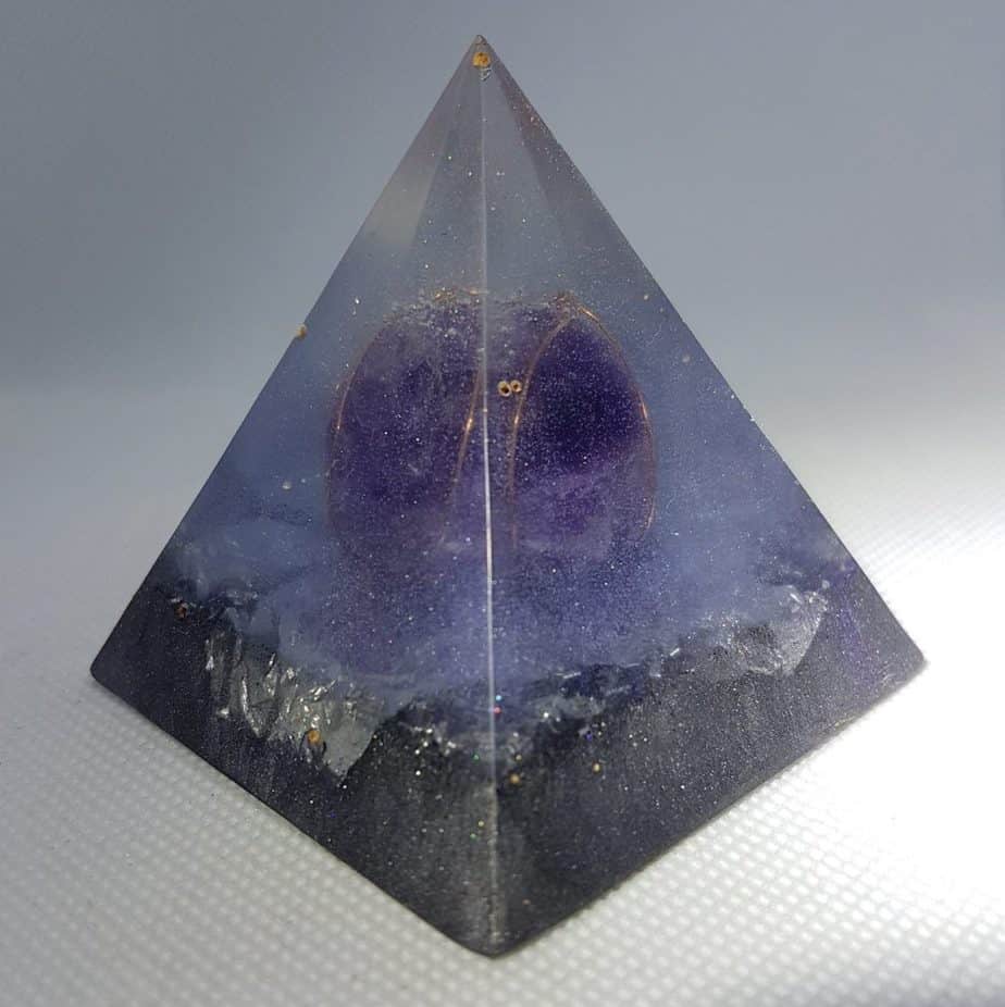 The Power in your Hand Orgone Orgonite Pyramid 6cm - A gorgeous Amethyst sphere coiled in copper, with Herkimer Diamonds, on pure silver bed of awesome