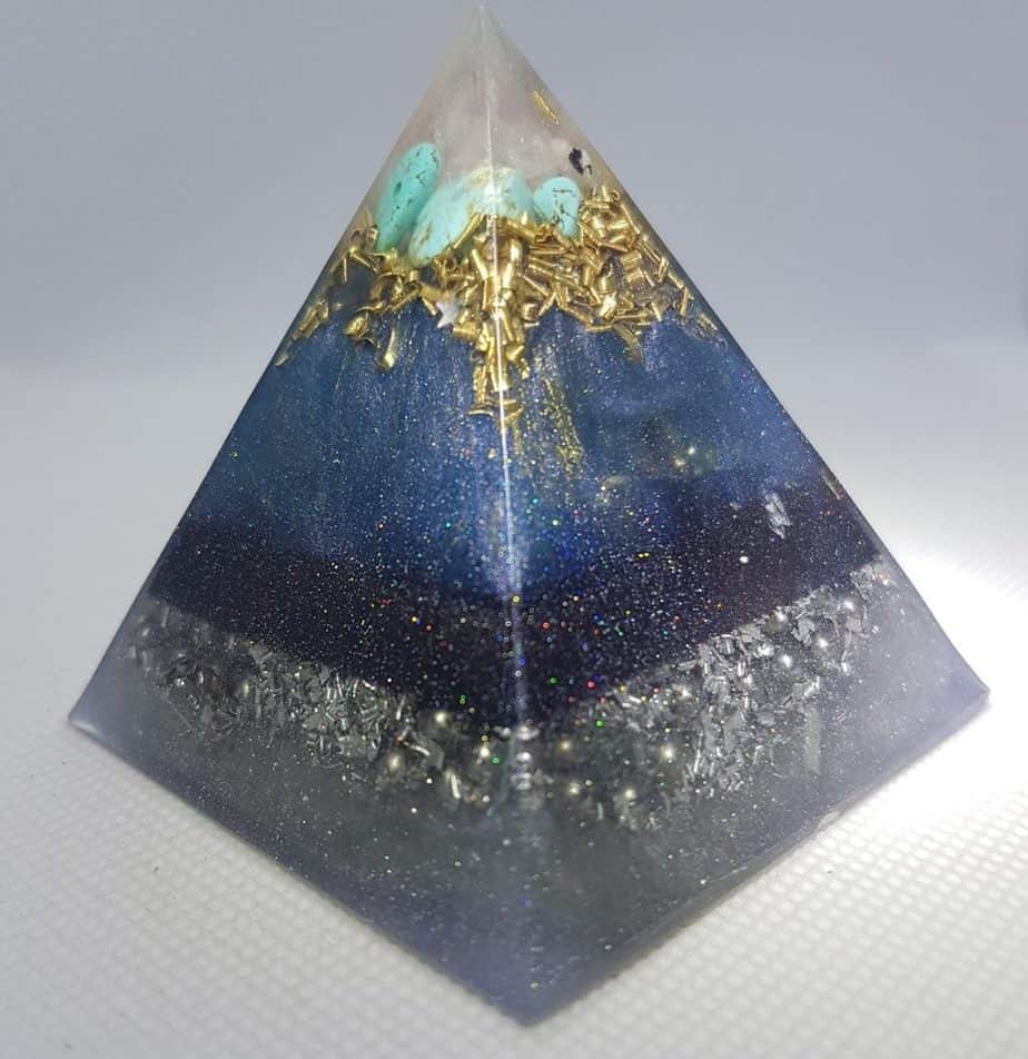 Crystal Moon Turquoise Orgonite Power Pyramid 6cm - Moonstone, Celestite, and beautiful Turquoise on a base of Brass and Aluminium and Strength of Green Agate