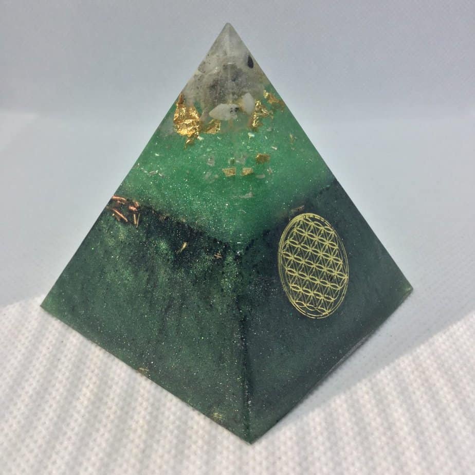 Jungle Clarity Orgone Orgonite Pyramid 6cm - Moonstone, Herkimer Diamonds, with Gold leaf and Sacred Geometry, on a Shungite, Copper and Brass base.
