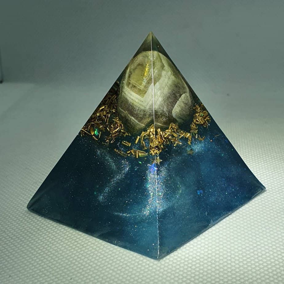 Angel Blue Lace Agate Orgone Orgonite Pyramid 6cm - Blue Lace Agate, Herkimer Diamond and Quartz Point, with Brass