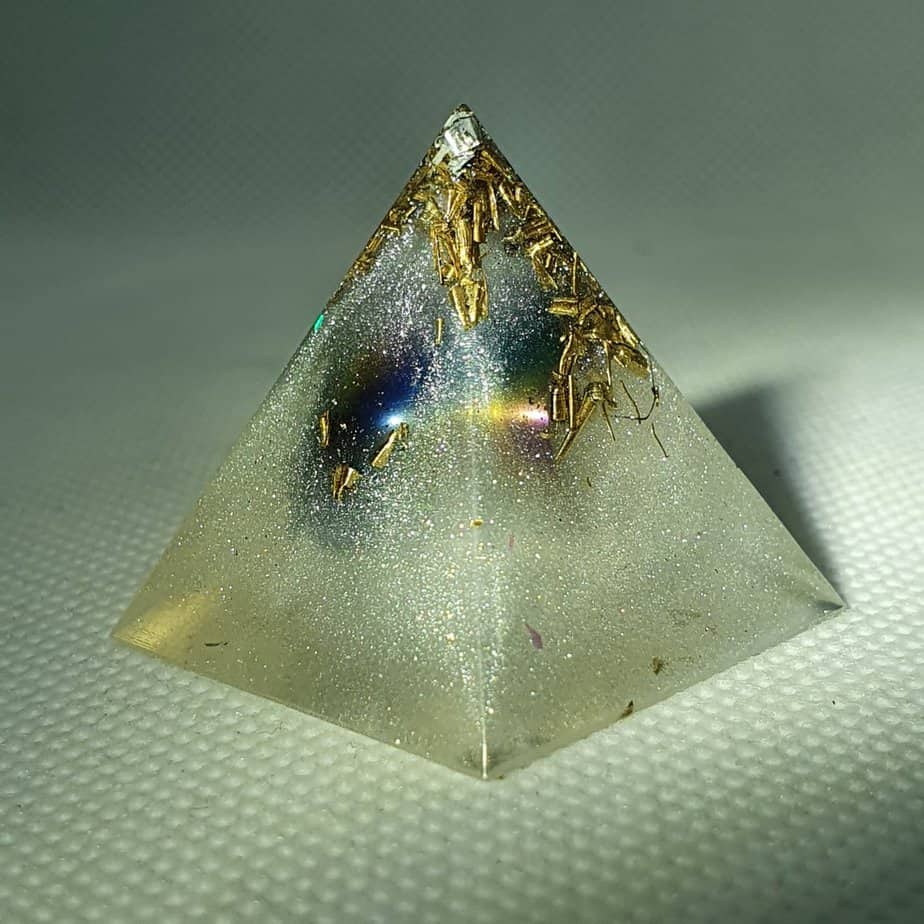Smoke and Mirrors Orgone Orgonite Pyramid 3cm - Titanium Aura Quartz, Herkimer Diamond and Brass..such a calming Orgonite with emf protection