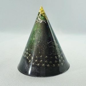 Spacial Reality Orgone Energy Orgonite Cone 6cm - Spacial Reality tipped with gold, then Green Adventurine and Herkimer Diamonds, Black Tourmaline, and silver, aluminium and stainless steel goodness!