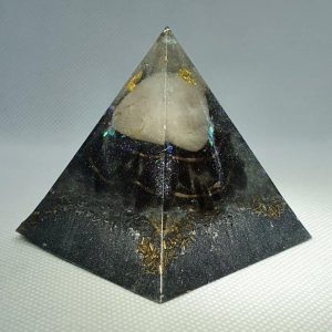 Rise Like Lions After Slumber Orgone Orgonite Pyramid 6cm - Herkimer Diamond, the great forgiver, on top of a large Rose Quartz chunk for love, followed by the awesome power of Smokey Quartz, on a bed of silver, brass and Shungite! A Power Orgonite!