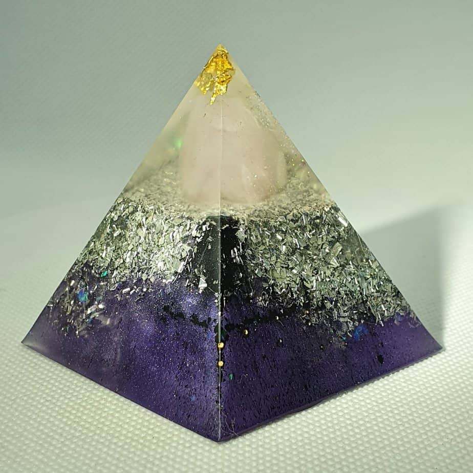 Eye of Clarity Orgone Orgonite Pyramid 6cm - Gold topping Herkimer Diamonds and a Large Rose Quartz chuck, on a base of aluminium and silver