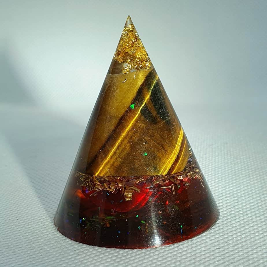 The Soothsayer Tiger Eye Orgone Orgonite Cone 5cm - Soothing powers of of Gold and Tiger Eye with of course Herkimer Diamonds and Brass to compliment and complete this Orgonite beauty