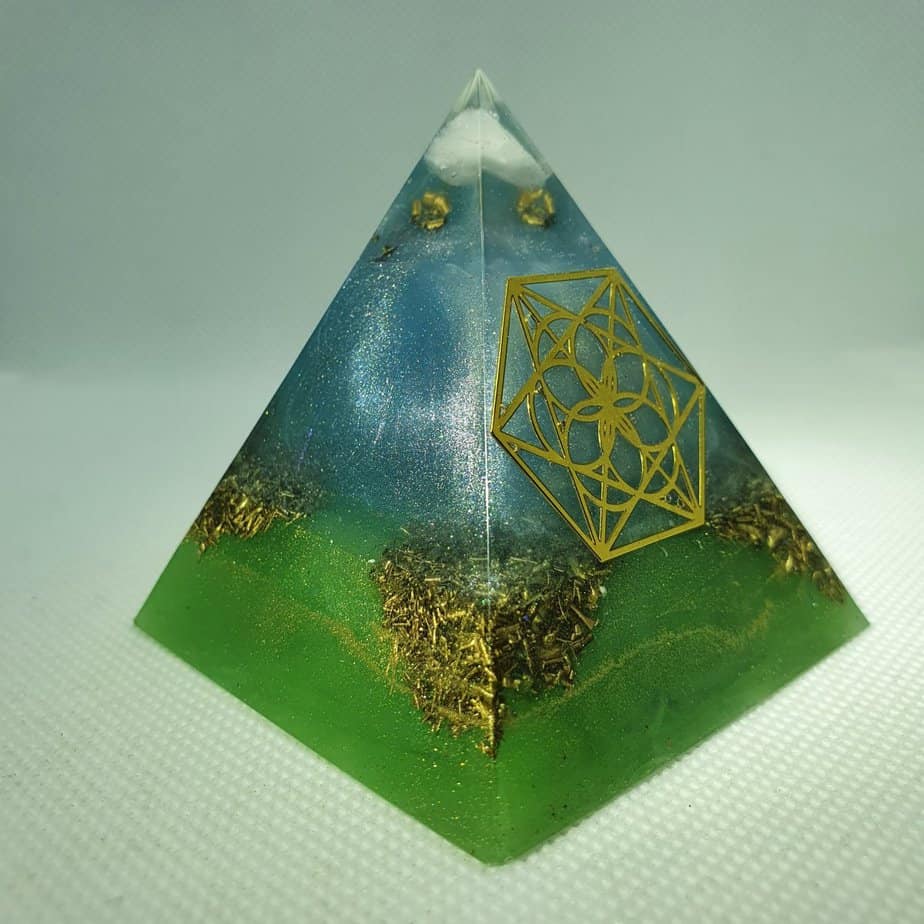 Under the Turquoise Sky Orgone Orgonite Pyramid 6cm - Gold, Moonstone and Clear Quartz with Sacred Geometry, Rose Quartz with Brass.