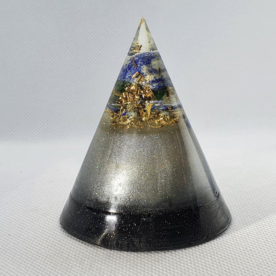 Spiral Realities Orgone Energy Orgonite Cone 6cm - Spacial Reality tipped with gold, then Lapis Lazuli and Herkimer Diamonds, Black Shungite and Brass