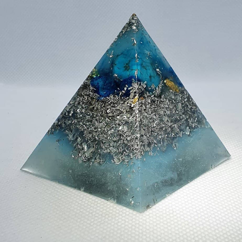 Beyond Blue Orgone Orgonite Pyramid 6cm - Lapis Lazuli, Blue Quartz, and Turquoise over a Raw Black Tourmaline chunk, wrapped in aluminium and touch of Gold
