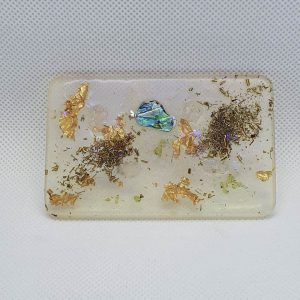 Orgone Card for EMF and RF protection,Peridot, Clear Quartz, Celestite, Brass and gold for Orgonite Orgone Protection