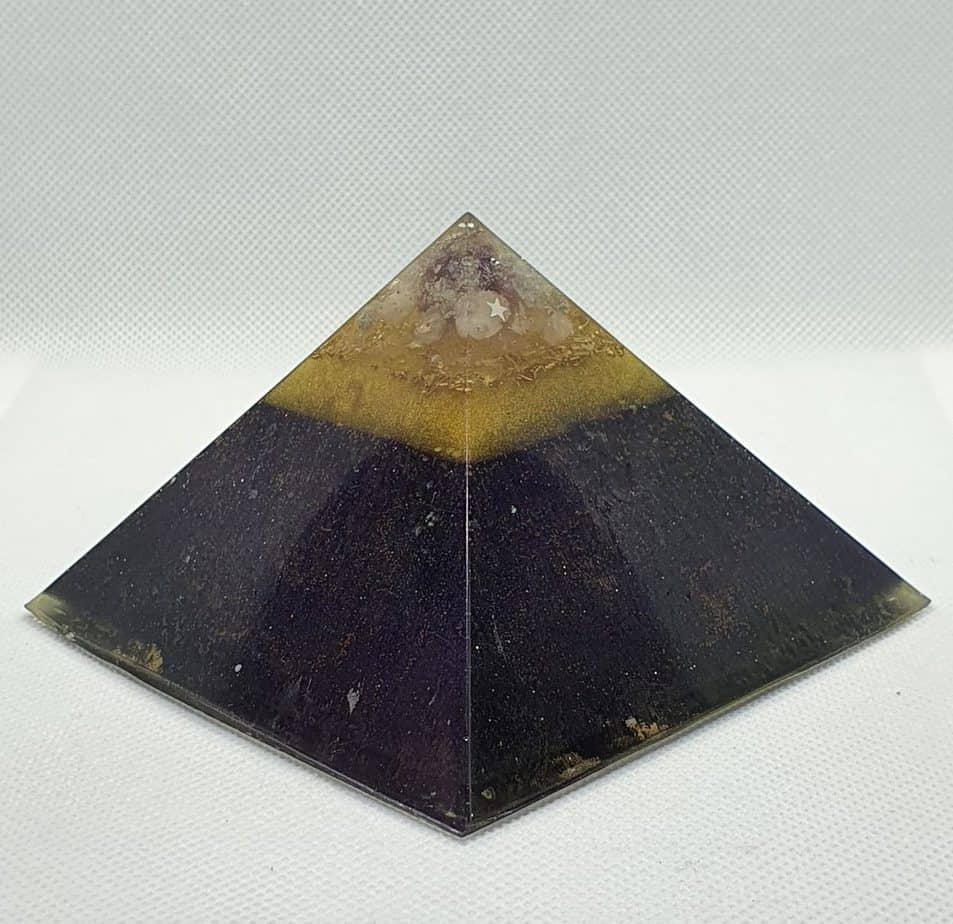Blackened Thunder Orgonite Orgone Pyramid 9.5cm | A heart of Amethyst, Moonstone and Herkimer Diamonds, and Shungite for uber protection!