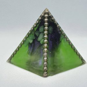 Dragons Den Orgone Orgonite Pyramid 6cm - Herkimer Diamond topped, Large Black Tourmaline Chunk, Green Adventurine and Peridot, creating protection by being incased in Steel, a facet of purple for depth