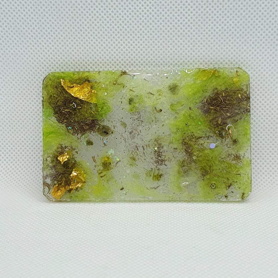 Orgone Card for EMF and RF protection - Peridot, Labradorite, with gold and brass, lovingly bringing you joy in person