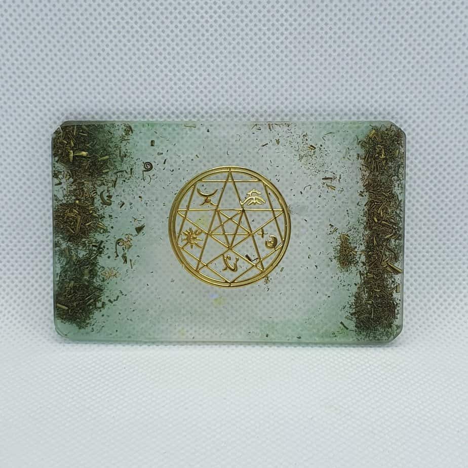 Orgone Card for EMF and RF protection, Quantum Shield in the form of sacred geometry, celstite, labradorite and citrine, with brass rainbow reflections, love!