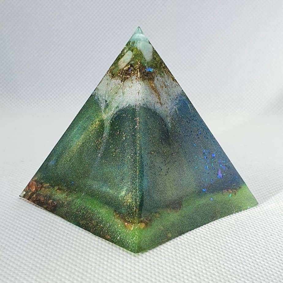Blue Volcanic Ice Orgone Orgonite Pyramid 6cm - Radiating with a Peridot, Amazonite, Herkimer Diamonds, Brass and Copper Protection, Focus and Energy!