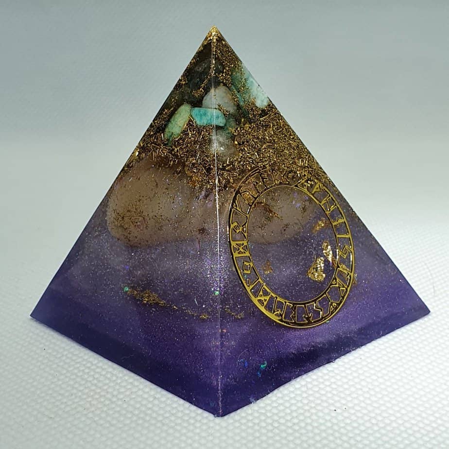 Capricorn Moon Orgone Orgonite Pyramid 6cm - Radiating with a Moonstone, Amazonite, Celstite and Labradorite for wisdom, intuition, and truth. Herkimer Diamonds, Sacred Geomtry, with Brass Protection, it is a wonder to wonder!