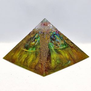 A rainbow colour Orgonite with Brass and Rainbow effect, in the shape of the Giza pyramids in Egypt