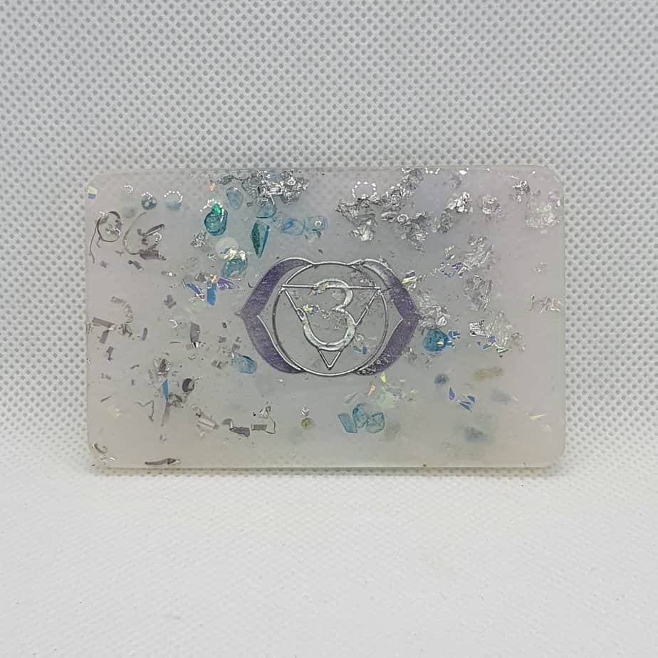 Orgone Card for EMF and RF protection - Aquamarine, Blue Apalite, Silver and Sacred Geometry OM symbl for protection on the go for you! Far more peaceful and beautiful in person.