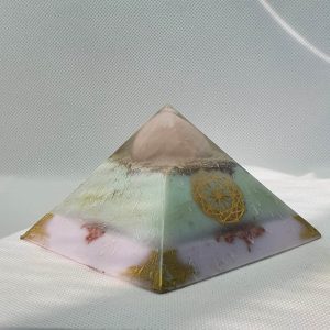 Reflector of Minds Quartz Pyramid Giza 9.5cm - Huge Rose Quartz, Herkimer Diamonds, Brass, Copper, and Aluminium, Sacred Geometry, Clear Quartz Points and tourmaline deep within