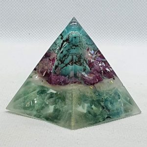 Tranquility Orgone Orgonite Pyramid 5cm - Turquoise, Pink Geode Forms, Celestite and Aquamarines, calming and tranquil
